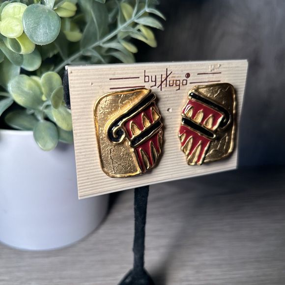 Tower of Pisa Retro Matte Gold Tone Red and Black Enamel 1.25 Clip On Earring - Picture 3 of 8